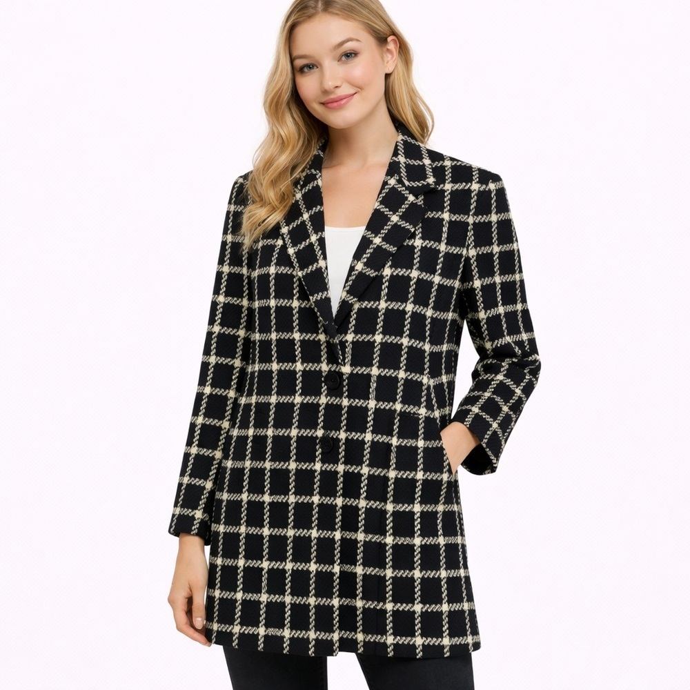 Talbots Plaid Wool Blazer Jacket Women's Black White Size 4 Petite
